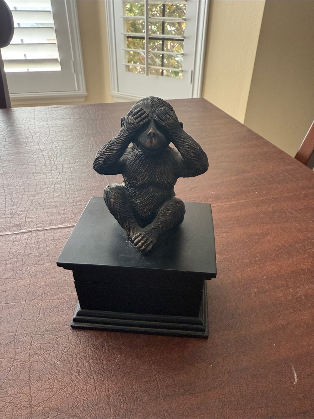 Vtg 90s Bronze Colored Resin “See No Evil” Trinket Box; 7” T
